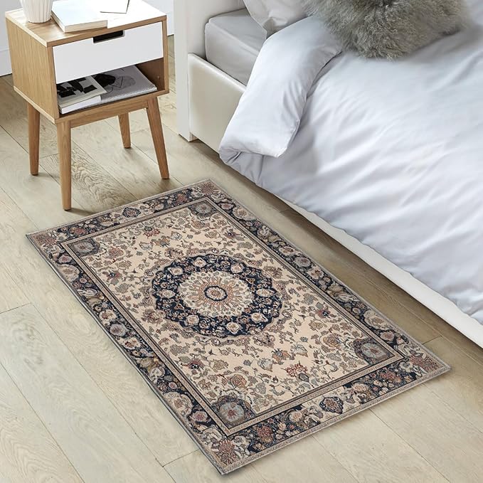 2x3 Boho Rug for Entryway Boho Area Rugs Machine Washable Retro Beige Rug Non Slip Printed Low-Pile Indoor Door Mat Floor Carpet for Kitchen Bathroom Laundry