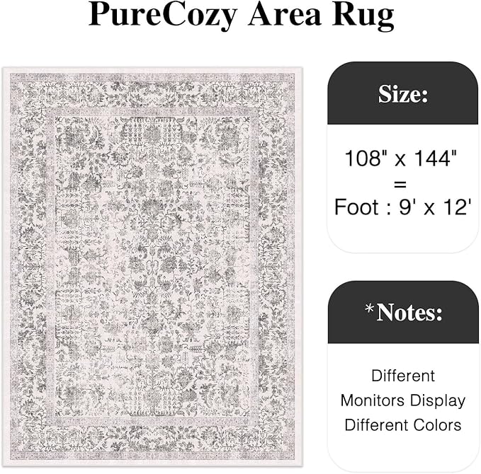 Black Area Rug 9x12 Machine Washable Large Vintage Living Room Distressed Non Slip Carpet Traditional Indoor Bedroom Retro Floral Accent Throw Rug for Office Kitchen Dining Room