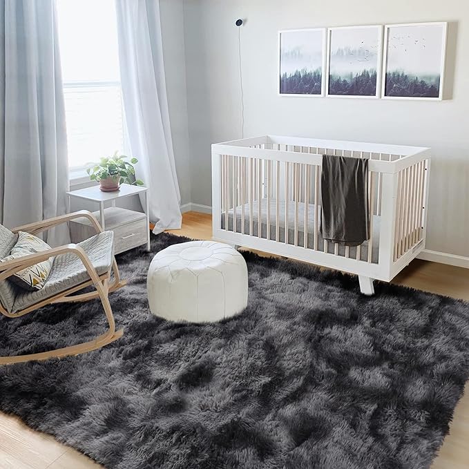 RUGTUDER 5x8 Fluffy Tie-Dyed Dark Grey Rug, Bedside Preppy Dorm Area Rug for Kids Room, Non-Slip Shaggy Design Rugs for Boys Living Room, Baby Nursery, Indoor Modern Plush Home Decor Aesthetic