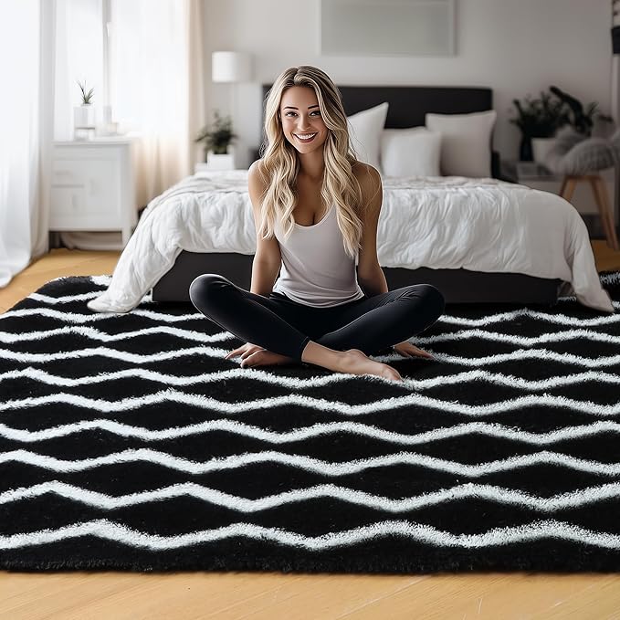 RUGTUDER Area Rug for Bedroom, Ultra Soft 6x9 Washable Fluffy Fuzzy Striped Rugs for Living Room, Shaggy Furry Chevron Geometric Rug for Boys Room Teens Dorm Nursery Playroom Decor, Black and White