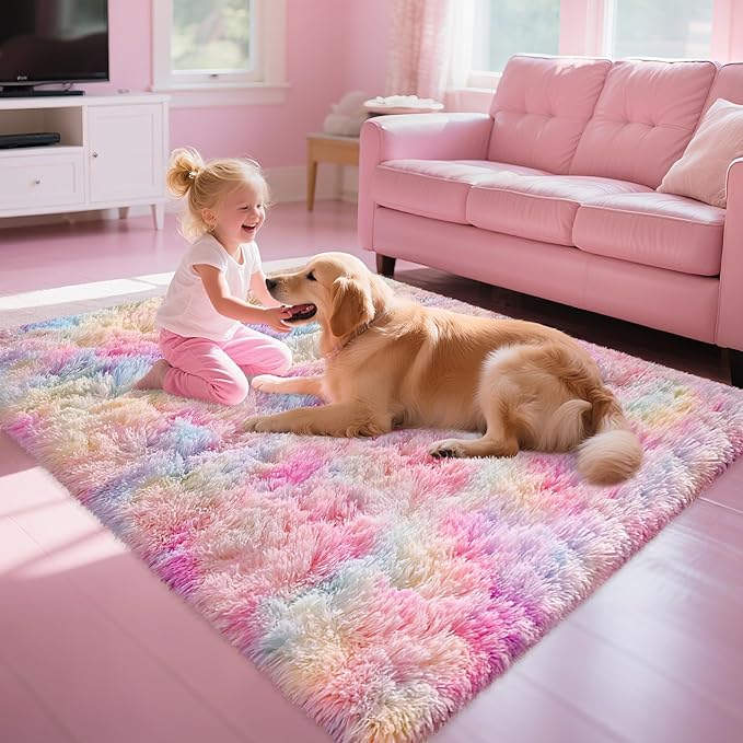 4x6 Soft Fluffy Unicorn Rainbow Rug for Girls Bedroom Kids Colorful Plush Area Rugs Cute Floor Carpets Shaggy Playing Mat for Kids Baby Girls Room Nursery Home Decor