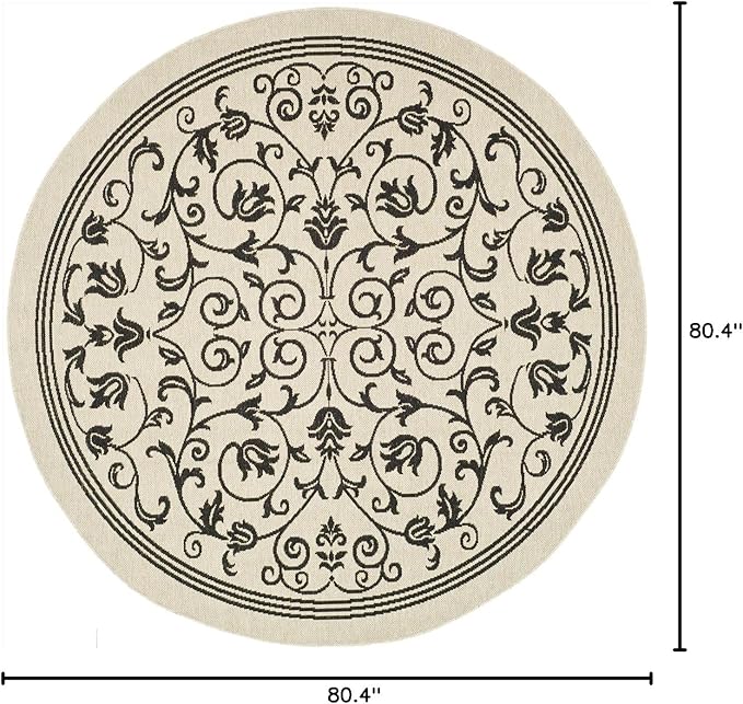 SAFAVIEH Courtyard Collection 6'7'' Round Sand / Black CY2098 Scroll Indoor/ Outdoor Patio Backyard Mudroom Area-Rug