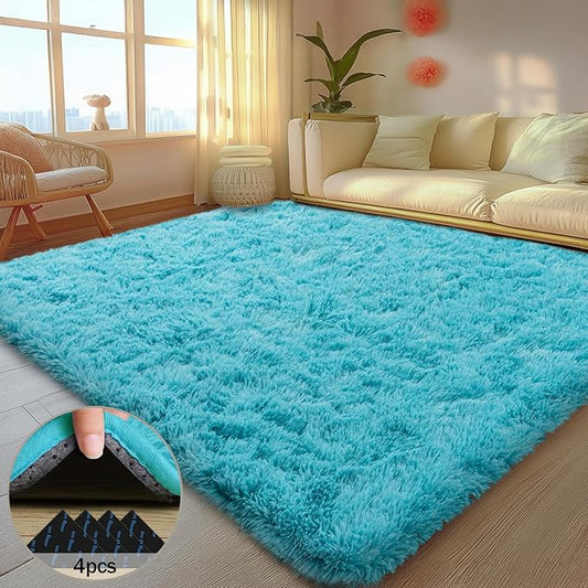 5x7 Rugs for Living Room, Large Fluffy Area Rugs for Bedroom, Soft Carpet Shag Kids Rug with 4 Non-Slip Rug Pads (Turquoise Blue, 5ft x 7ft)