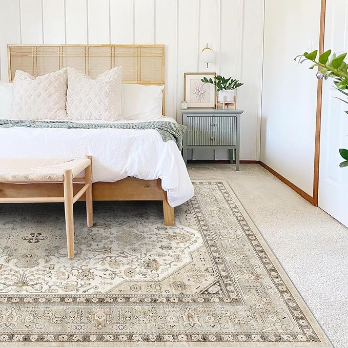 Washable Area Rug 5x7 - Bedroom Living Room Large Indoor Rugs Soft Oriental Vintage Rugs Non-Slip Backing Stain Resistant for Farmhouse Kitchen (5x7 Ivory/Multi)