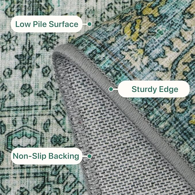 Bavni 8x10 Area Rugs for Living Room, Machine Washable Rug Non Slip, Vintage Chenille Distressed Print Carpet, Large Low Pile Ultra-Thin Lightweight Rugs for Bedroom, Dining Room, Home, Office, Cyan