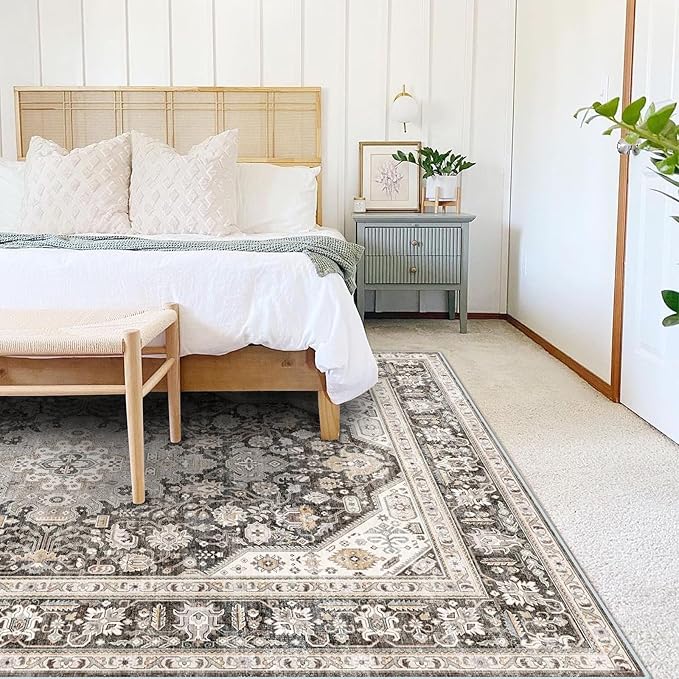 Washable Area Rug - 5x7 Bedroom Living Room Large Indoor Rugs Soft Oriental Vintage Rugs Non-Slip Backing Stain Resistant for Farmhouse Kitchen (5x7 Black/Ivory)