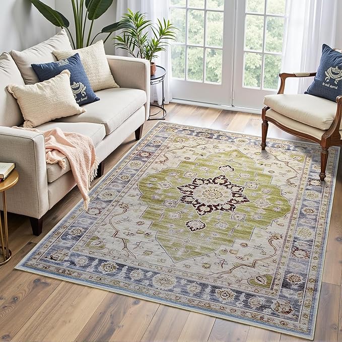 Vintage 3x5 Rug, Entryway Rug with Non Slip Backing, Soft Washable Area Rug for Indoor Entry, Low Pile Stain Resistant Non-Shedding Carpet for Bedroom, Living Room, Entryway, Green