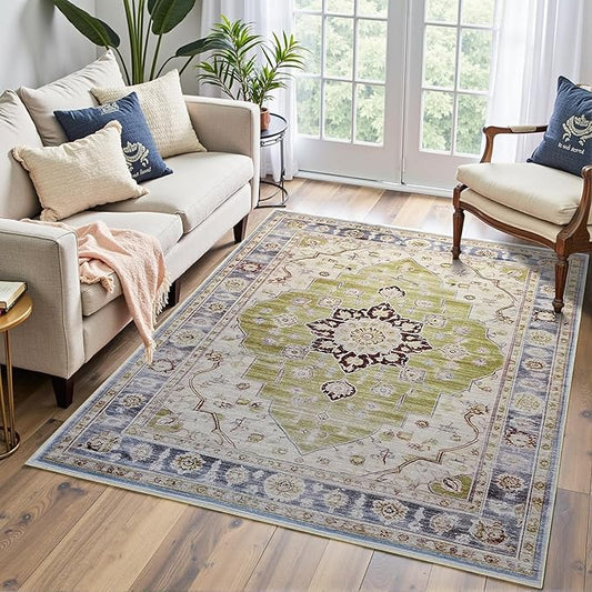 Vintage 3x5 Rug, Entryway Rug with Non Slip Backing, Soft Washable Area Rug for Indoor Entry, Low Pile Stain Resistant Non-Shedding Carpet for Bedroom, Living Room, Entryway, Green