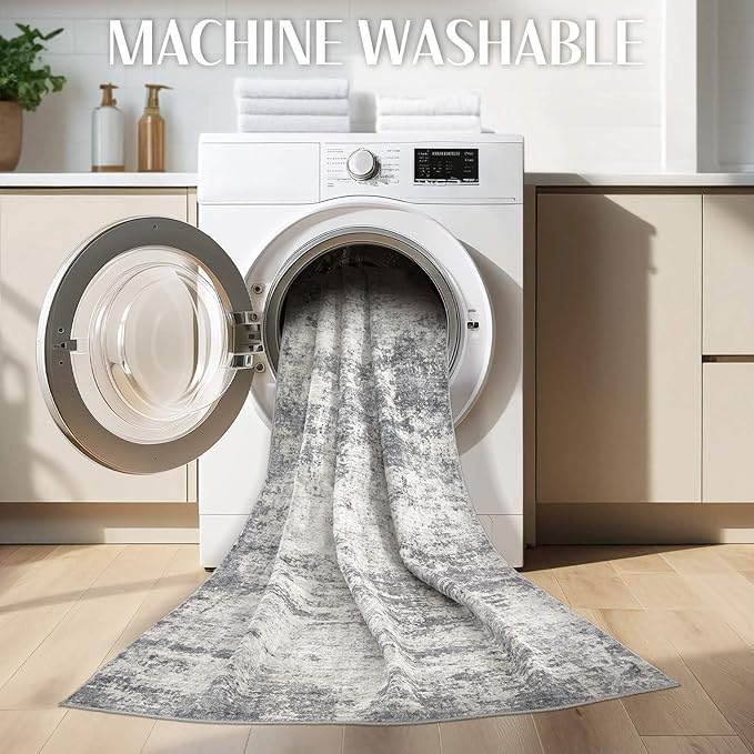Washable Rug 8x10 Area Rugs for Living Room: Modern Abstract Neutral Soft Large Carpet for Bedroom Dining Room Under Kitchen Table Home Office Decor -Dark Grey/Beige