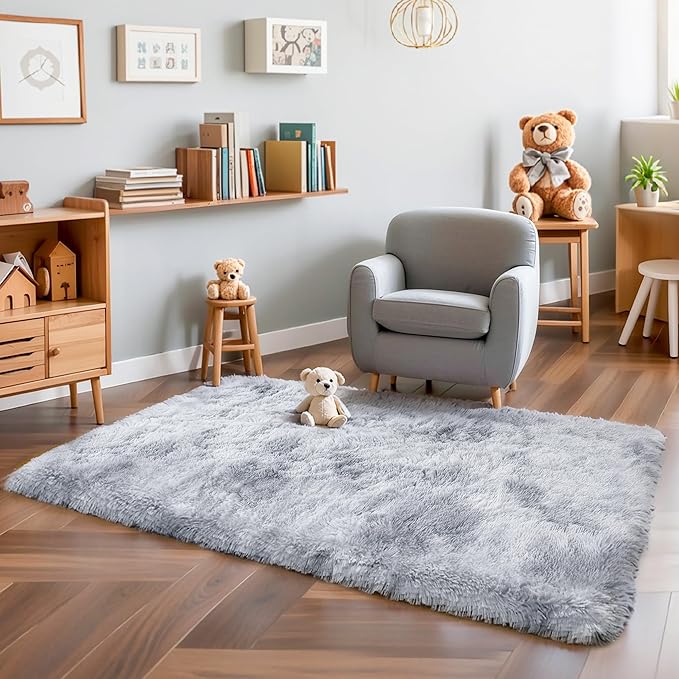 Thick Area Rug 5x7 Light Grey Fluffy Shag for Bedroom, Ultra Soft Plush Fuzzy Washable Thickened Non Slip Carpet, Cozy Furry Shaggy Rug for Living Room Kids Nursery Dorm Room, Tie-Dye Gray