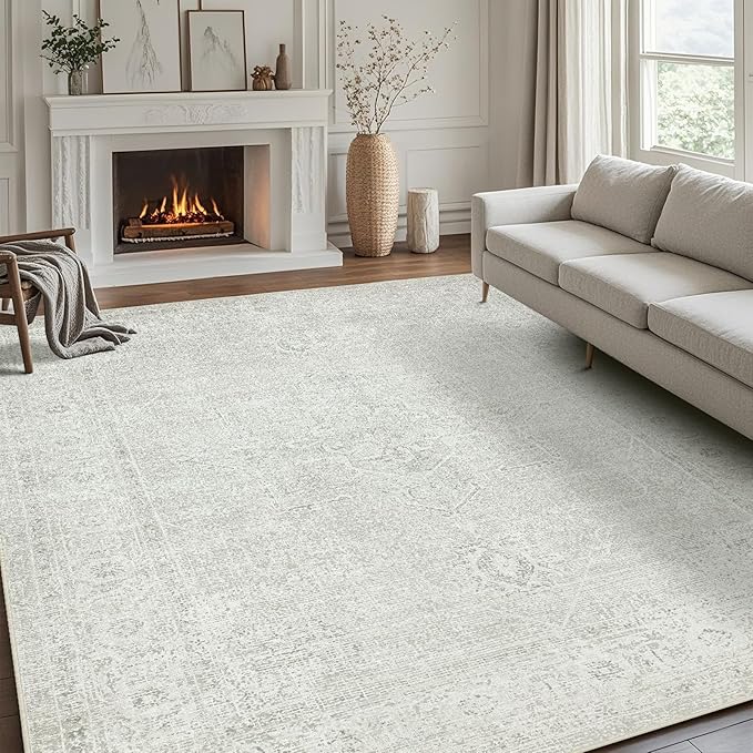 Washable Rugs 5x7 Area Rugs for Living Room,Bedroom,Large Carpets,Ultra Soft Faux Wool Retro Dining Room Rug,Non Slip&Non-Shedding Low Pile Vintage Rugs for Home Office,Concrete Grey