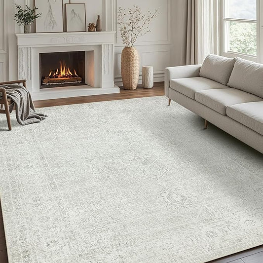 Washable Rugs 5x7 Area Rugs for Living Room,Bedroom,Large Carpets,Ultra Soft Faux Wool Retro Dining Room Rug,Non Slip&Non-Shedding Low Pile Vintage Rugs for Home Office,Concrete Grey