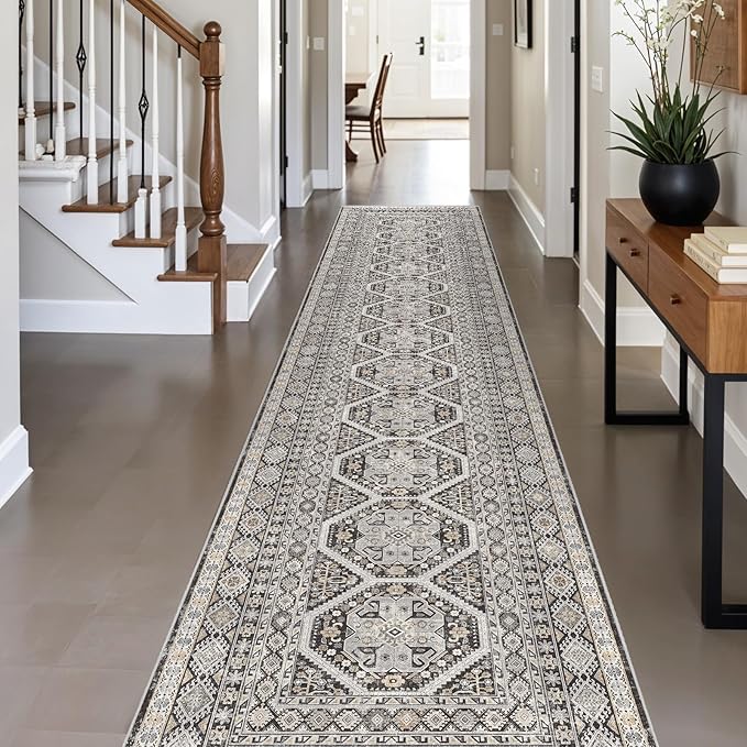 3x14 Runner Rug Kitchen Washable: Oriental Indoor Hallway Runners with Non Slip Backing Floor Mat for Entryway Door Low Pile Thin Carpet for Bedroom Bathroom Living Room Bedside Black