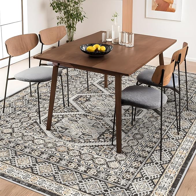 Washable Living Room Area Rug: 5x7 Super Soft Vintage Non Slip Backing Indoor Rug Oriental Bedroom Farmhouse Carpet Stain Resistant Ultra Thin Distressed Mats for Kitchen Entry 5x7 Black