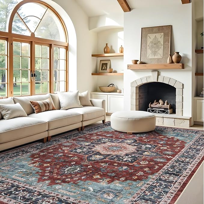 RUUGME Washable 9X12 Area Rugs - Large Boho Rugs for Living Room Stain Resistant Carpet Vintage Tribal Rugs for Bedroom Kitchen Bathroom with Non Slip Backing Home Decor Floor Decoration Mat 9x12 Red