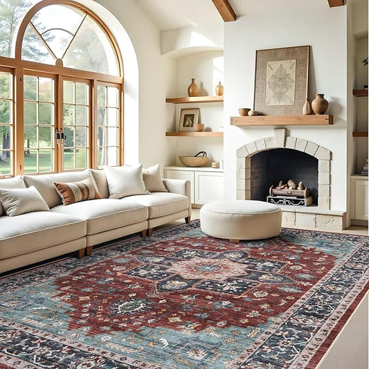 RUUGME Washable 9X12 Area Rugs - Large Boho Rugs for Living Room Stain Resistant Carpet Vintage Tribal Rugs for Bedroom Kitchen Bathroom with Non Slip Backing Home Decor Floor Decoration Mat 9x12 Red
