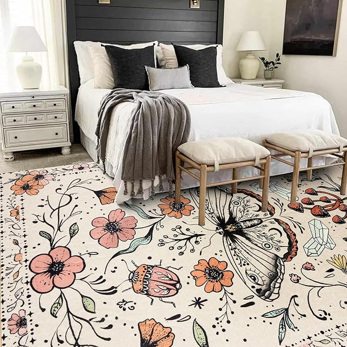 Vintage Floral Rugs, Ultra Thin Light Weight 5x7 Area Rugs Washable, Cute Retro Boho Botanical Area Rug for Bedroom Kitchen Dining Living Room Entryway Hippie Witchcraft Accent Indoor Floor Carpet