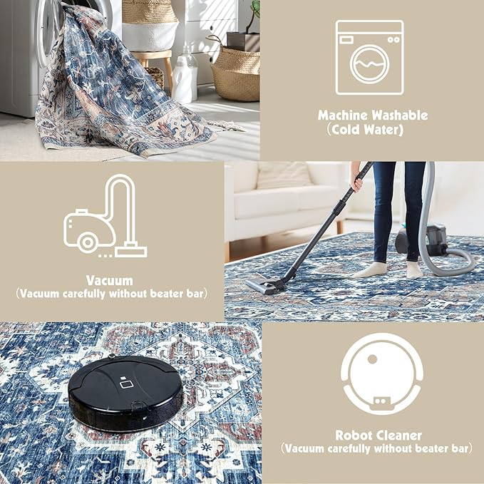 Washable Rugs 4x6, Stain Resistant Lightweight Anti-Skid Rugs for Living Room, Distressed Vintage Boho Rug Floor Carpet Bedroom Dining Room Office