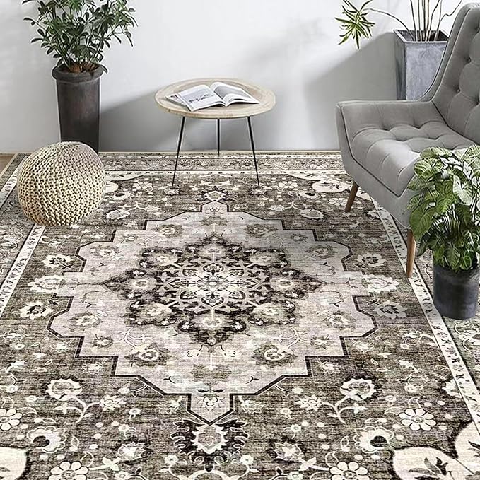 Washable 5x7 Living Room Rugs: Oriental Non-Slip Area Rugs for Bedroom Non Shedding Accent Farmhouse Dining Room Carpet Soft Low Pile Mat for Nursery Room Home Office (5x7 Beige)