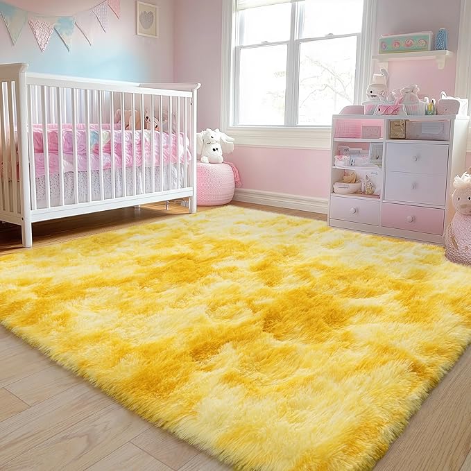 6x9 Fluffy Fuzzy Area Rug for Living Room Bedroom, Ultra Soft Large Living Room Rugs, Non Slip Thick Shag Rug for Dorm, Kids Girls Boys Rug for Home Decor Aesthetic, Tie-Dyed Yellow
