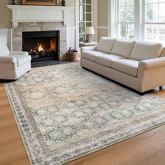 4x6 Area Rug for Bedroom Machine Washable, Non Slip Vintage Floral Kitchen Rugs for Dining Room, Rustic Indoor Floor Carpet for Nursery, Farmhouse, Office Classroom Beige/Pink/Orange