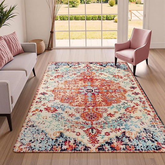Lahome Bohemian Floral Medallion Area Rug - 4x6 Oriental Distressed Bedroom Rug Country Vintage Faux Wool Indoor Throw Mat Non-Slip Washable Low-Pile Carpet for Bathroom Living Kitchen Laundry Room