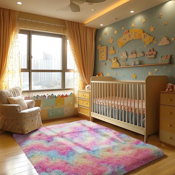 Zentavio Unicorn Rugs for Girls Room 3x5 Area Rugs for Living Room Small Carpet for Bedroom Washable Soft Fluffy Shag Aesthetic Plush High Pile Throw Rug for Nursery Kids Room Dorm Room Rainbow