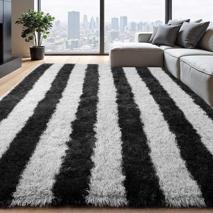 Zentavio Area Rugs for Living Room Large Rugs for Bedroom 5x8 Carpet Fluffy Fuzzy Soft Shag Aesthetic Plush High Pile Gray Throw Rug for Nursery Kids Room Dorm Horizontal Stripes Black Grey