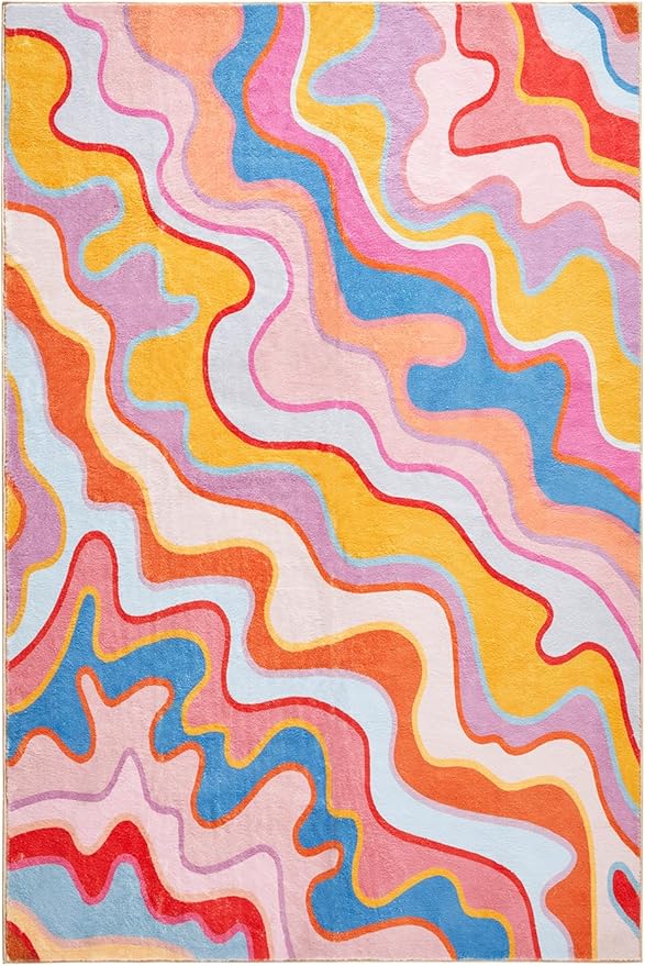 Vintage Abstract 4x6 Area Rug Ultra Thin Light Weight Funky Aesthetic Colorful Striped Non-Slip Living Room Rug Washable Throw Carpet for Kitchen Entryway Bedroom, Orange and Blush