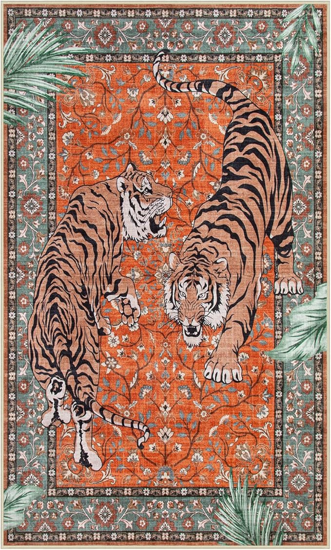 Moynesa Tiger 3x5 Washable Rug, Boho Area Rugs for Entryway, Non Slip Small Rug for Bedroom, Ultra Thin Botanical Vintage Soft Accent Carpet for Kitchen Entry Laundry Room, Rust