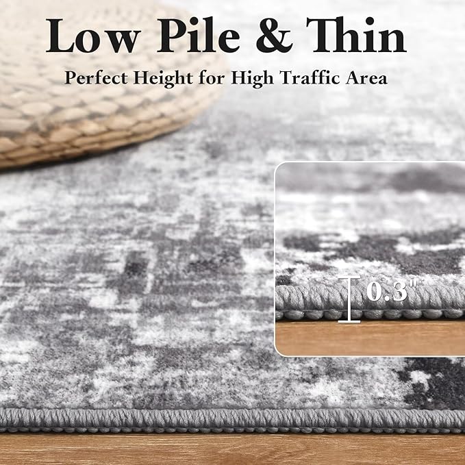 Washable Abstract Rug, 2x3 Small Modern Area Rugs with Non-Slip Rubber Backed for Kitchen, Thin but Soft Throw Carpet Bedroom Entryway Front Door Decor, Dark Grey