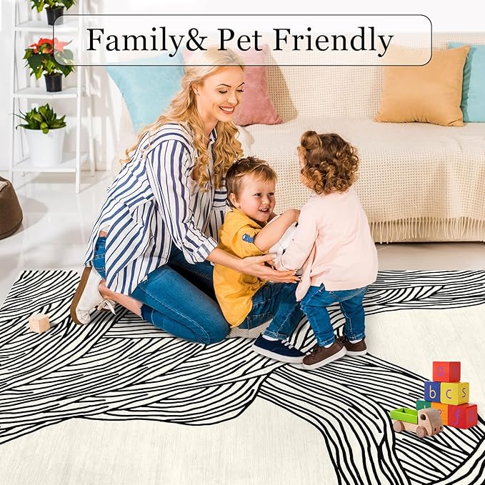Modern Abstract Area Rug 4x6 Washable Soft Non-Shedding Floor Carpet Indoor Contemporary Non Slip Low Pile Foldable Thin Rug for Living Room Bedroom Home Office Dorm Ivory/Black