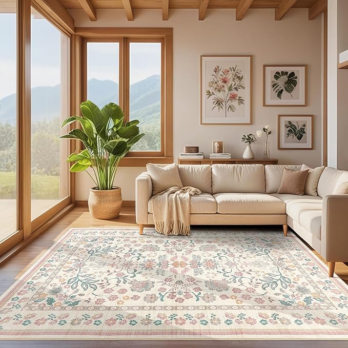 6x9 Area Rug Living Room Rugs - Washable Boho Vintage Floral Large Soft Non Slip Thin Rug Low Pile Carpet for Bedroom Dining Room Kids Playroom Office Decor Indoor- Pink
