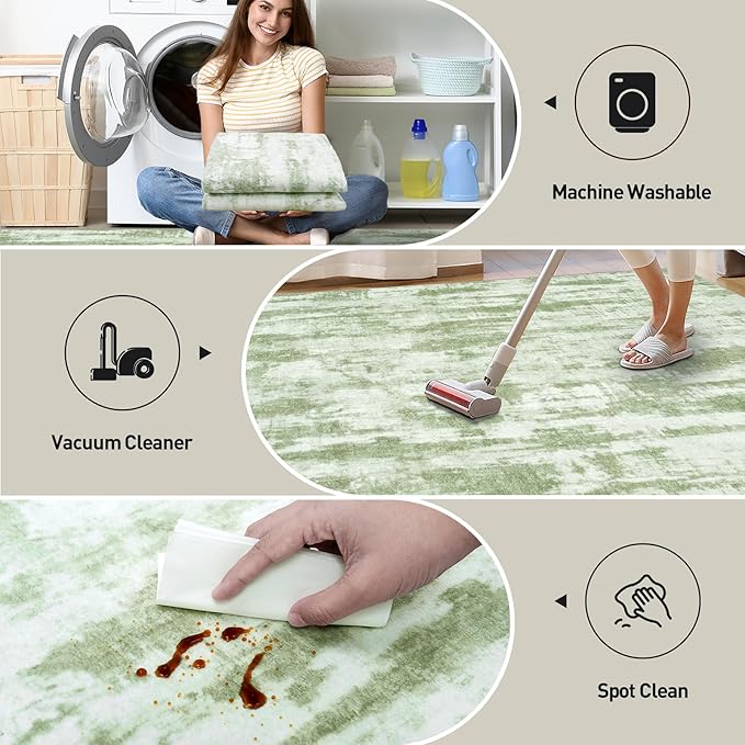 10x14 Area Rugs Washable Rug: Modern Abstract Living Room Rug Soft Anti-Skid Thin Carpet Indoor Floor Non-Shedding Carpets for Bedroom Dining Room Farmhouse Nursery Home Office - Green