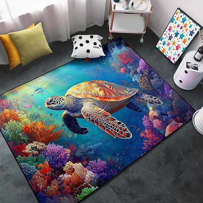 Sea Turtle Coastal Rug - Kids Sea Turtle Rugs for Bedroom Ocean Life Theme, 80" L x 58" W