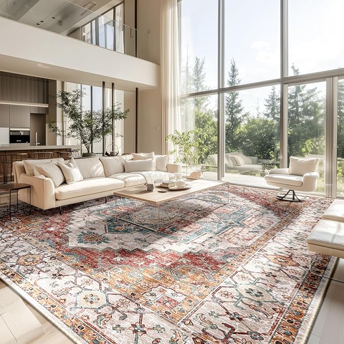 Washable 10x14 Area Rugs, Rugs for Living Room, Low-Pile Water&Stain Resistant Carpet Vintage Distressed Printed Non-Slip Carpet for Bedroom Bathroom Kitchen-Yellow/Brown