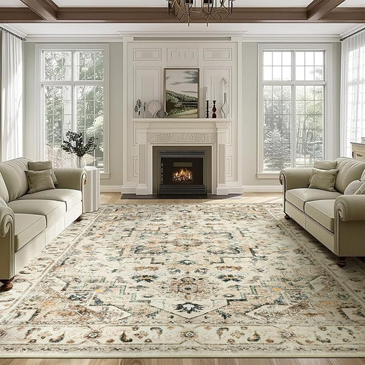 Washable Area Rug 8x10, Large Soft Rugs for Living Room Vintage Rug 8x10 Area Rugs for Bedroom Dining Room Non-Slip Stain Resistant Under Table Rug Light Beige