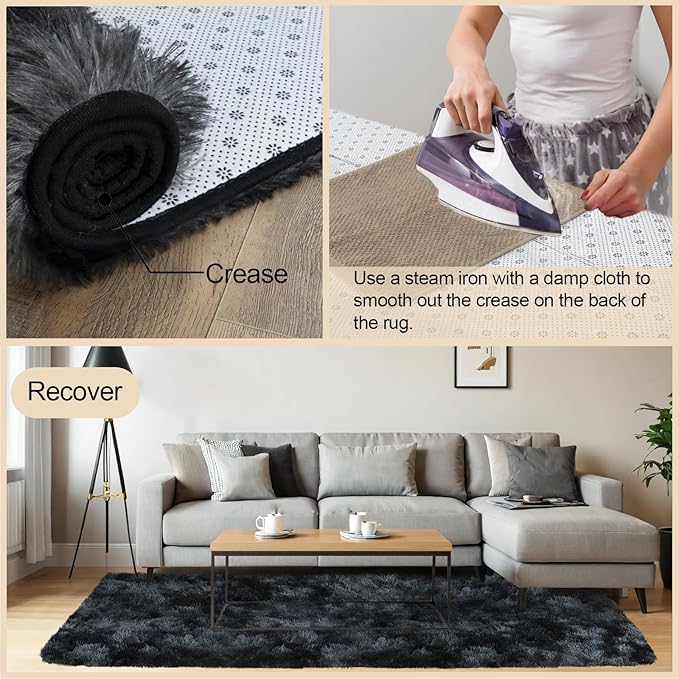 2x3 Rugs for Bedroom, Fluffy Area Rugs for Living Room, Soft Shag Kids Rug Small Carpet with 4 Non-Slip Rug Pads (Black Grey Tie-Dyed, 2ft x 3ft)