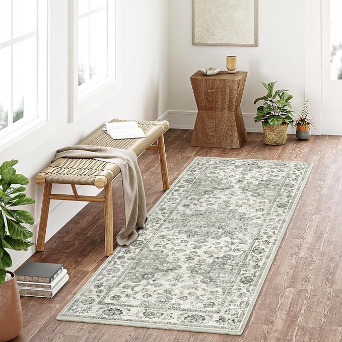 2x5 Washable Neutral Runner Rug Green Hallway Kitchen Non-Slip Low Pile Floral Carpet Vintage Soft Thin Small Throw Rug for Bathroom Bedroom Entryway Indoor Entrance