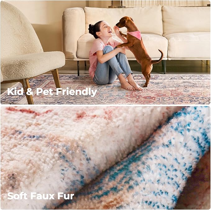 Kokia 6x9 Area Rugs for Living Room, Machine Washable Non Slip Vintage Boho Rugs, Low Pile Distressed Medallion Print Rug for Bedroom, Dining Room Brick Red 6 x 9