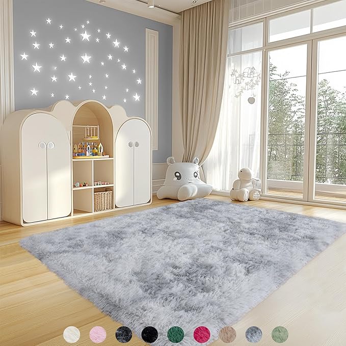 4x6 Rugs for Living Room, Large Fluffy Area Rugs for Bedroom, Soft Carpet Shag Kids Rug with 4 Non-Slip Rug Pads (Grey Tie-Dyed, 4ft x 6ft)