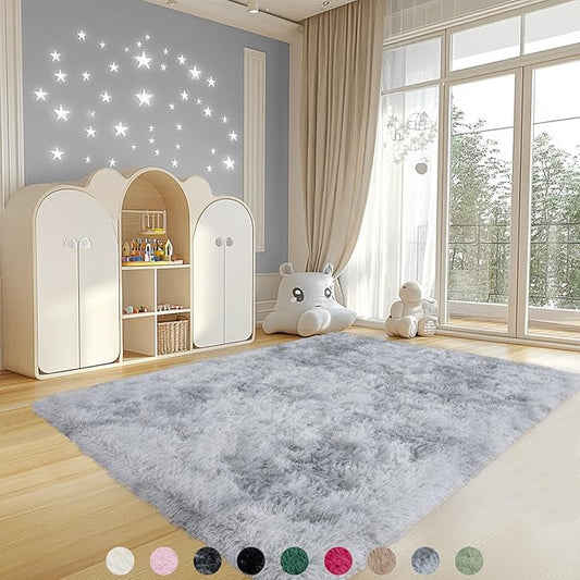 4x6 Rugs for Living Room, Large Fluffy Area Rugs for Bedroom, Soft Carpet Shag Kids Rug with 4 Non-Slip Rug Pads (Grey Tie-Dyed, 4ft x 6ft)
