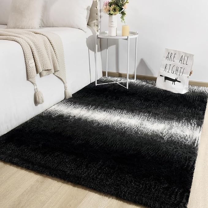 TWINNIS Super Soft Shaggy Rugs Fluffy Carpets, 4x5.9 Feet, Indoor Modern Plush Area Rugs for Living Room Bedroom Kids Room Nursery Home Decor, Upgrade Anti-Skid Rectangular Fuzzy Rug, Black White
