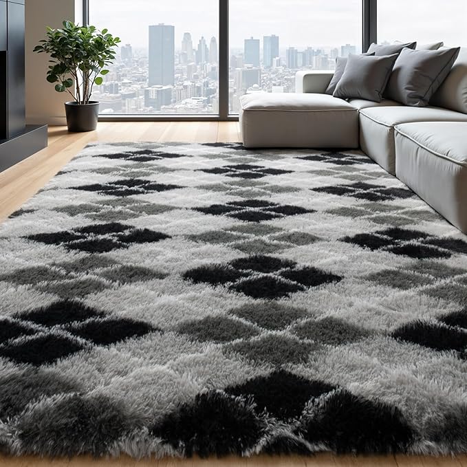Zentavio Area Rugs for Living Room Large Rugs for Bedroom 5x8 Carpet Fluffy Fuzzy Soft Shag Aesthetic Plush High Pile Gray Throw Rug for Nursery Kids Room Dorm Diomond Black