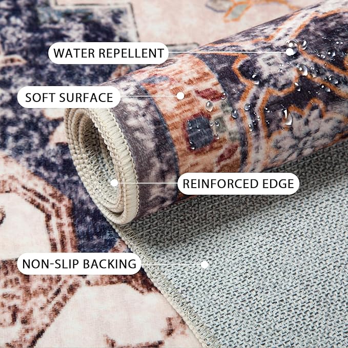 Washable 6ft Area Rugs, Rugs for Living Room, Low-Pile Water&Stain Resistant Carpet Vintage Distressed Printed Non-Slip Carpet for Bedroom Bathroom Kitchen-Pink/Brown/Navy Blue/Black