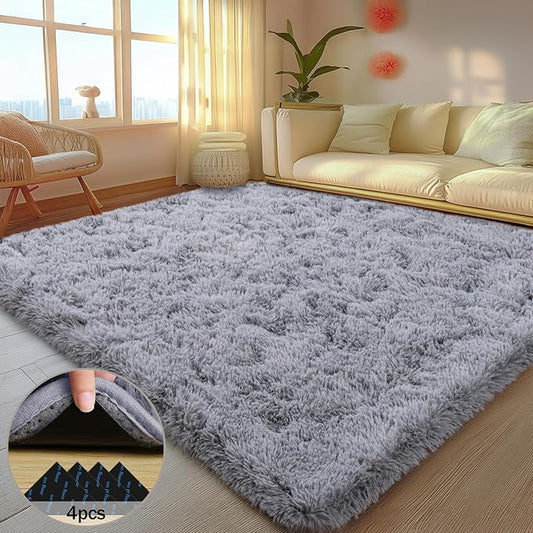 5x7 Rugs for Living Room, Large Fluffy Area Rugs for Bedroom, Soft Carpet Shag Kids Rug with 4 Non-Slip Rug Pads (Light Grey, 5ft x 7ft)
