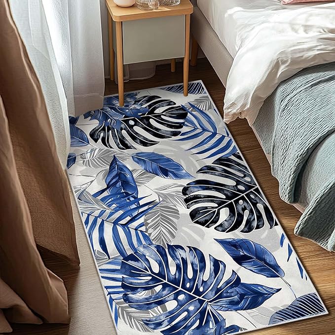 3x5 Entryway Rug Botanical Tropical Leaf Navy Blue Grey Area Rug Bedroom Bedside Thin Small Carpet Bathroom Non Slip Indoor Entrance Low Pile Door Mat Kitchen Stain Resistant Washable Machine