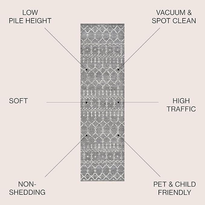 JONATHAN Y MOH101C-220 Moroccan Hype Boho Vintage Diamond Gray/Ivory 2 ft. x 20 ft. Runner Rug, Pet Friendly, Non Shedding, Stain Resistant, Easy-Cleaning for Home, Bedroom, Living Room, Kitchen