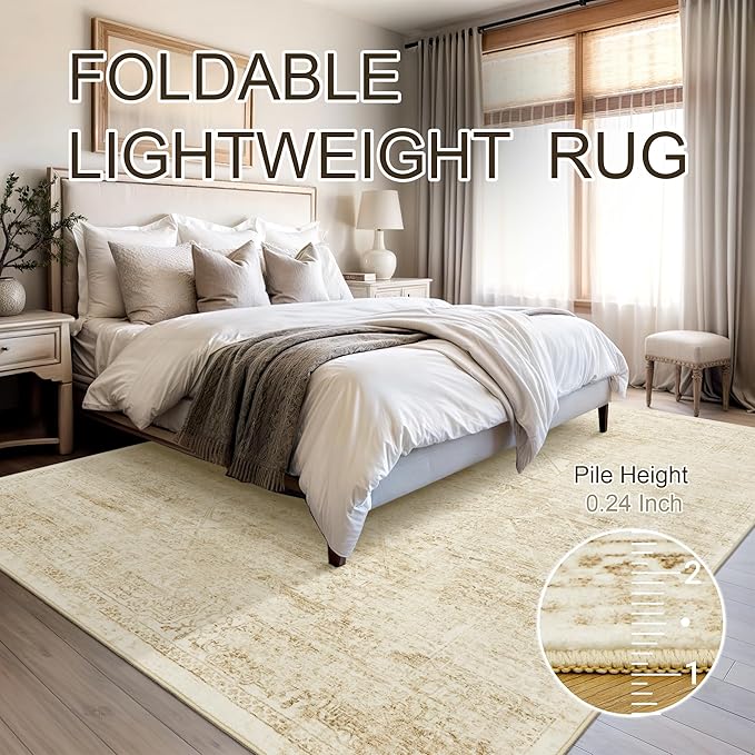 Washable Area Rug 8x10, Large Soft Rugs for Living Room Vintage Beige Rug 8x10 Area Rugs for Bedroom Dining Room Floral Non-Slip Thin Rug