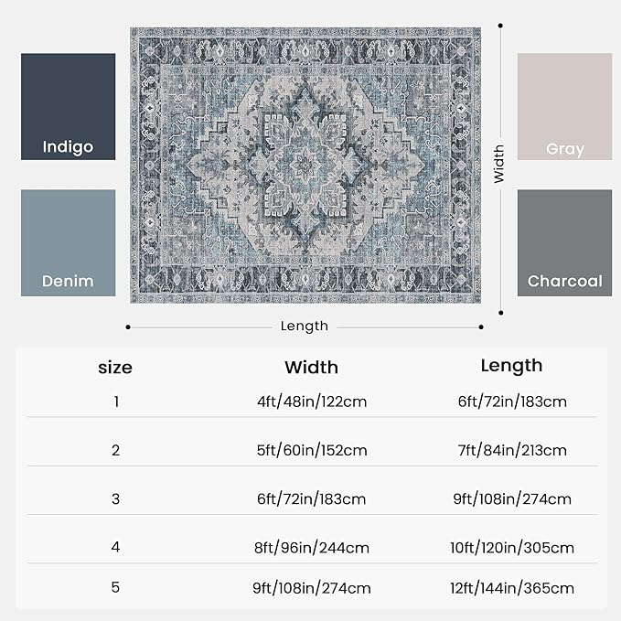 Washable Area Rugs Boho Non Slip Stain Resistant Thin Carpet Vintage Blue Printed Oriental Distressed 6x9 Rug for Living Room Bedroom Low Pile